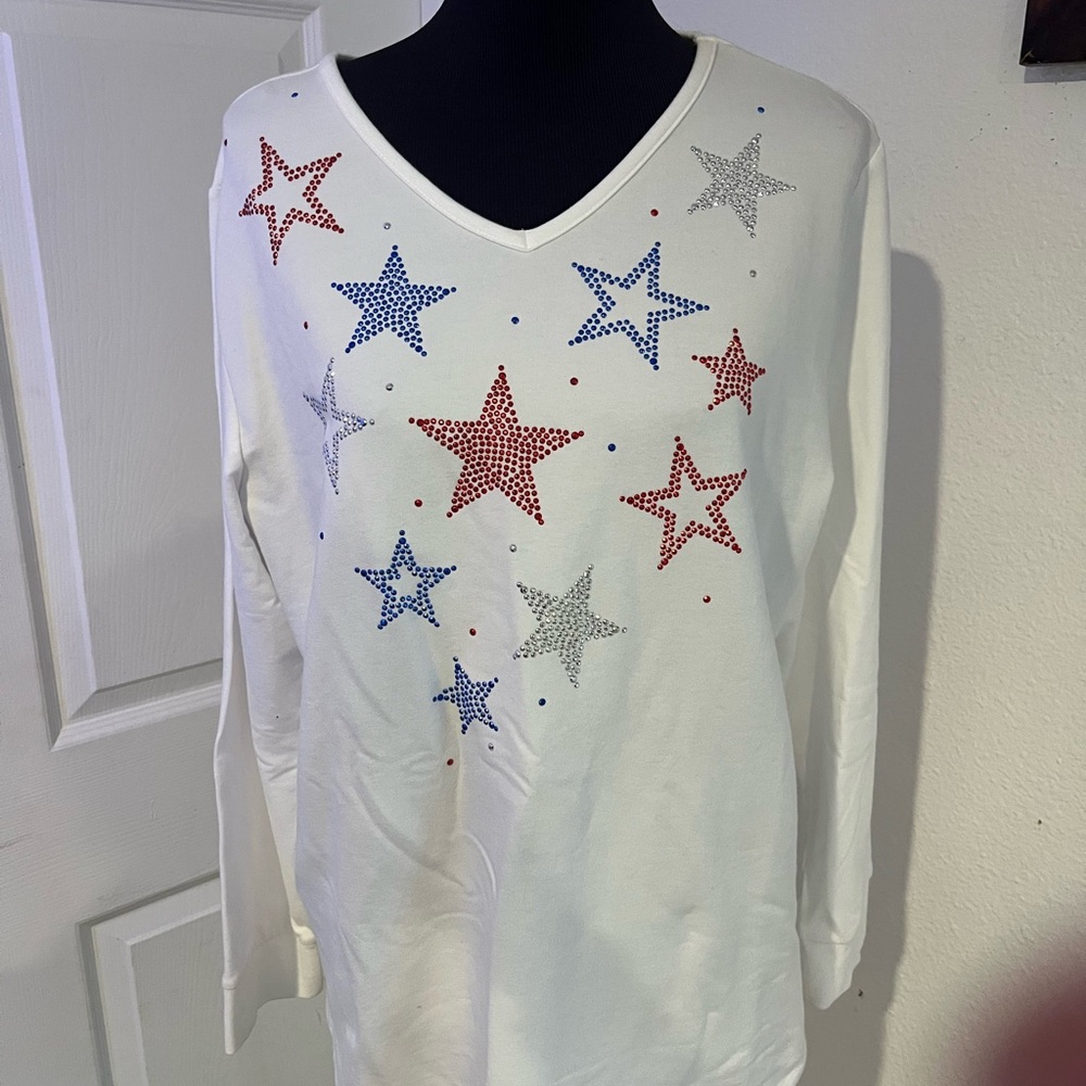 Quacker Factory White Long Sleeve Top with Red and Blue Stars